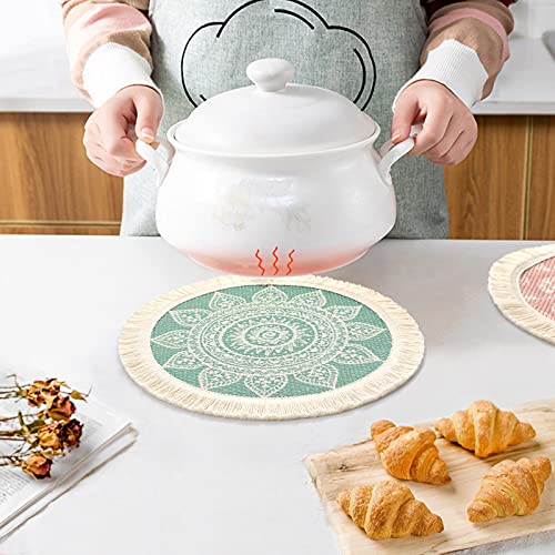 LOMOHOO Set of 4 Round Placemats 13 Inch Table Mats Boho Cotton Woven Mandala Tassels Heat Proof Washable Circle Place Mat for Kitchen Dining Wedding Farmhouse Home Decoration