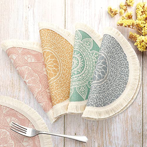 LOMOHOO Set of 4 Round Placemats 13 Inch Table Mats Boho Cotton Woven Mandala Tassels Heat Proof Washable Circle Place Mat for Kitchen Dining Wedding Farmhouse Home Decoration