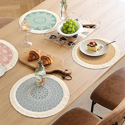 LOMOHOO Set of 4 Round Placemats 13 Inch Table Mats Boho Cotton Woven Mandala Tassels Heat Proof Washable Circle Place Mat for Kitchen Dining Wedding Farmhouse Home Decoration