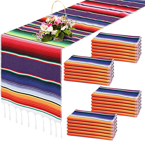 24 Pcs Mexican Serape Table Runner Handwoven Fringe Cotton Serape Blanket Table Runners, Colorful Mexican Stripe Table Runner for Mexican Party Decorations Fiesta Party, 14 x 84 Inches (Purple)
