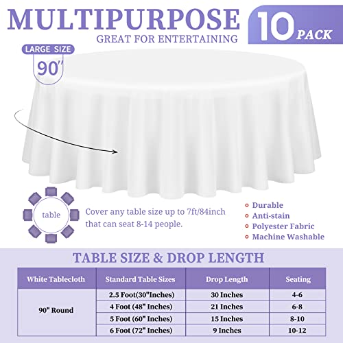 10 Pack White Round Tablecloth 90 Inch Washable Polyester Tablecloths for Round Tables Stain Resistant and Wrinkle Table Cloth Decorative Fabric Table Cover for Dining Wedding Party Banquet Buffet
