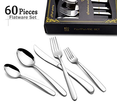 60-Piece Heavy Duty Silverware Set, HaWare Stainless Steel Solid Flatware Cutlery for 12, Modern & Elegant Design for Home/Hotel/Wedding, Mirror Polished and Dishwasher Safe