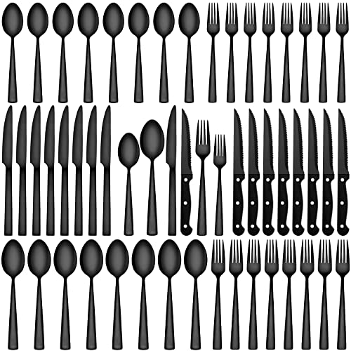 72-Piece Black Silverware Sets for 12 with Steak Knives, CEKEE Stainless Steel Black Flatware Set for 12, Kitchen Utensils Sets for Home Restaurant Hotel, Mirror Polished & Heavy Duty Cutlery Set