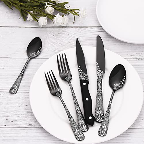 EUIRIO 48-Piece Black Silverware Set with Steak Knives, Black Flatware Set for 8, Stainless Steel Cutlery Set, Knives and Forks and Spoons Sets,Unique Pattern Design,Mirror Polish and Dishwasher Safe