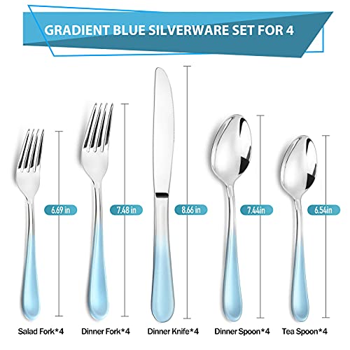 Blue Silverware Set,20 Piece Flatware Set Stainless Steel,Mirror Polished Tableware Cutlery Set,Reusable Travel Utensil Sets for Kitchen,Service for 4,Dishwasher Safe(Gradient Blue Silverware)