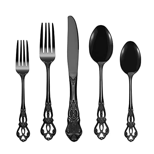 Runfly Gorgeous Retro Royal Black Stainless Steel 20 Pieces Flatware Set, Black Silverware Set, Anti-rust Stainless Steel dark Cutlery Set Utensils Including Fork Spoon and Knife