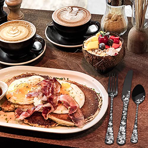 Stapava 24-Piece Black Silverware Set with Steak Knives for 4, Unique Stainless Steel Flatware Cutlery Set, Include Fork Spoon Knife Set, Mirror Polished, Dishwasher Safe Utensils