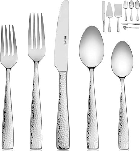 Hudson Essentials 68-Piece Hammered 18/10 Stainless Steel Silverware Cutlery Set with Serving Set and Cake Knife, Flatware Service for 12