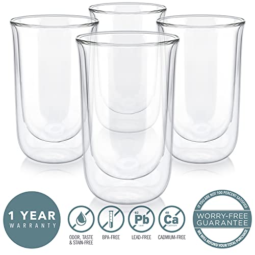 Teabloom Tulip Insulated Glasses for Tea, Coffee and other Beverages - Double Walled Borosilicate Glass Keeps Drinks Hot/Cold, 12 oz (Set of Four)