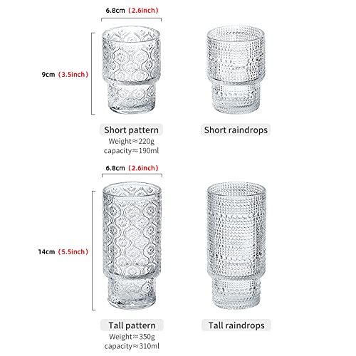 POLIDREAM Vintage Glassware Set of 4 pcs Glass Cups, 2 Embossed Stackable Pattern Style & 2 Raindrop Origami Style, Elegant Old Fashioned Glasses, Ideal for Whiskey, Cocktail, Ice Coffee, Beer
