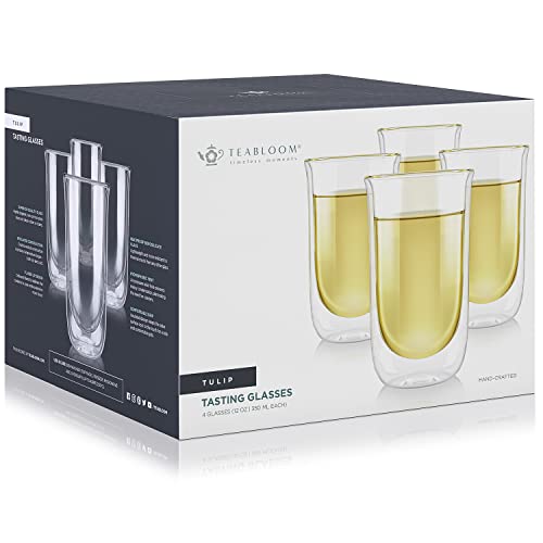 Teabloom Tulip Insulated Glasses for Tea, Coffee and other Beverages - Double Walled Borosilicate Glass Keeps Drinks Hot/Cold, 12 oz (Set of Four)
