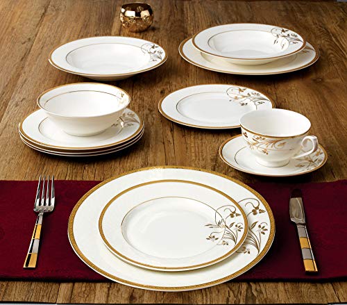 Lorren Home Trends La Luna Bone China 57-Piece 24K Gold Floral Design Dinnerware Set, Service for 8