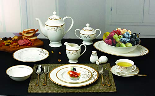 Lorren Home Trends La Luna Bone China 57-Piece 24K Gold Floral Design Dinnerware Set, Service for 8