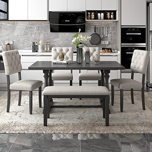 Merax 6 Piece Kitchen Dining Table Set, Wooden Rectangular Dining Table with Upholstered Bench and 4 Chairs, Dining Room Table Set for 6 People, Living Room Furniture (Gray, Cushions)