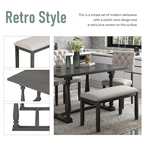 Merax 6 Piece Kitchen Dining Table Set, Wooden Rectangular Dining Table with Upholstered Bench and 4 Chairs, Dining Room Table Set for 6 People, Living Room Furniture (Gray, Cushions)