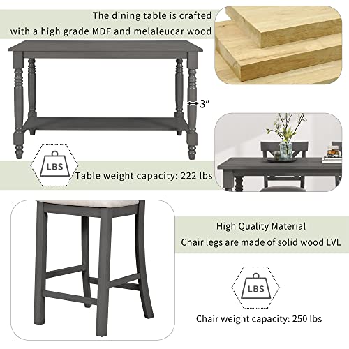 Merax 6-Piece Wooden Counter Height Rectangular Table Set with Bottom Shelf, 4 Chairs, and Padded Bench for Dining Room, Gray(Update)