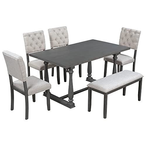 Merax 6 Piece Kitchen Dining Table Set, Wooden Rectangular Dining Table with Upholstered Bench and 4 Chairs, Dining Room Table Set for 6 People, Living Room Furniture (Gray, Cushions)