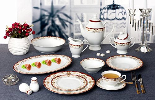 Lorren Home Trends 57 Piece 'Mabel' Bone China Dinnerware Set (Service for 8 People), Burgundy