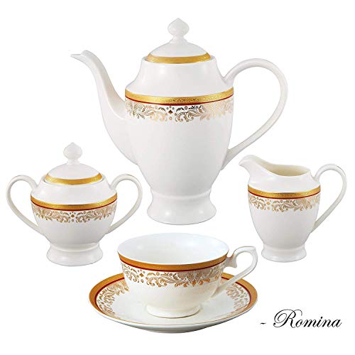Lorren Home Trends La Luna Collection Bone China 57-Piece Red and 24K Gold Design Dinnerware Set, Service for 8