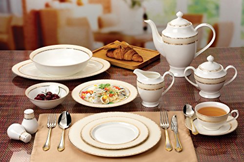 Lorenzo 57 Piece Elegant Bone China Service for 8 Margaret Dinnerware Sets, Gold
