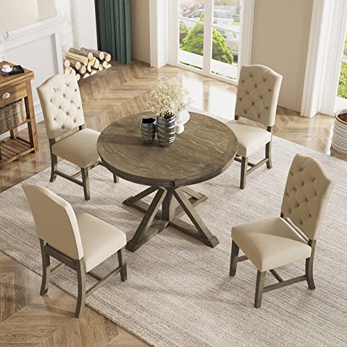 P PURLOVE Retro Style 5-Piece Round Dining Table Set for 4,Round Extendable Table with 4 Upholstered Chairs for 4,Dining Room Table Set for Dining Room,Living Room