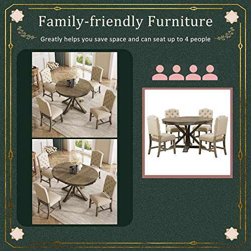 P PURLOVE Retro Style 5-Piece Round Dining Table Set for 4,Round Extendable Table with 4 Upholstered Chairs for 4,Dining Room Table Set for Dining Room,Living Room