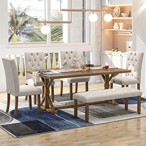 6-Piece Farmhouse Dining Table Set, 72" Wood Rectangular Table with 4 Upholstered Chairs and Bench Dining Room Table Set for 6, for Dining Room, Kitchen, Walnut