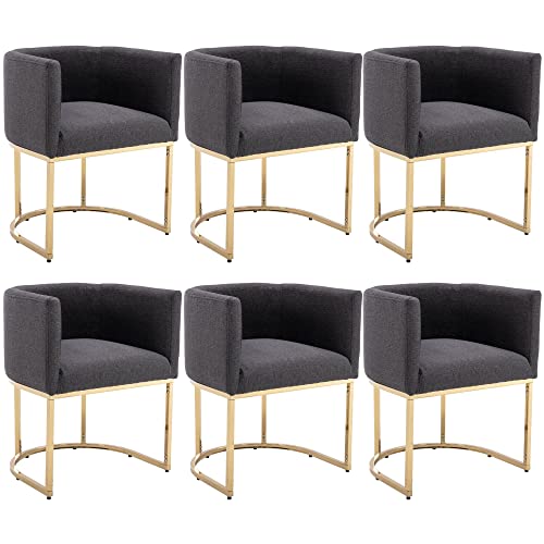Wahson Set of 6 Linen Upholstered Dining Chair, Mid Century Modern Fabric Bucket Dining Chair with Gold Metal Legs, Charcoal