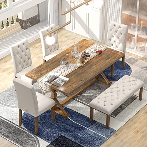 6-Piece Farmhouse Dining Table Set, 72" Wood Rectangular Table with 4 Upholstered Chairs and Bench Dining Room Table Set for 6, for Dining Room, Kitchen, Walnut