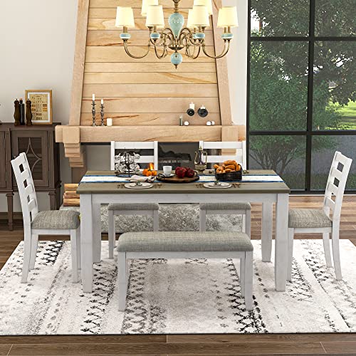 Rustic Style 6-Piece Dining Room Table Set, Wooden Dining Table Set with 4 Upholstered Chairs & a Bench, Kitchen Furniture Set for Family (Brown+Whitewash+6R)