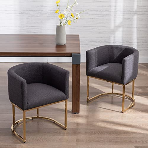Wahson Set of 6 Linen Upholstered Dining Chair, Mid Century Modern Fabric Bucket Dining Chair with Gold Metal Legs, Charcoal