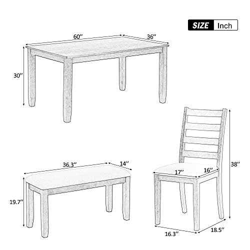 Rustic Style 6-Piece Dining Room Table Set, Wooden Dining Table Set with 4 Upholstered Chairs & a Bench, Kitchen Furniture Set for Family (Brown+Whitewash+6R)