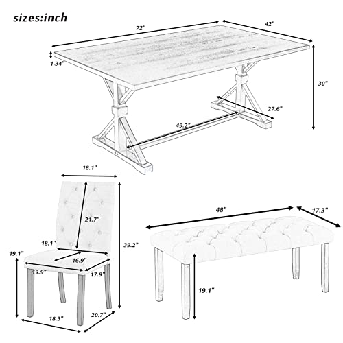 6-Piece Farmhouse Dining Table Set, 72" Wood Rectangular Table with 4 Upholstered Chairs and Bench Dining Room Table Set for 6, for Dining Room, Kitchen, Walnut