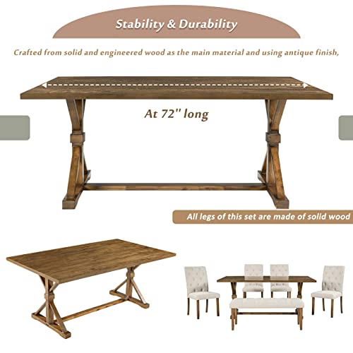 6-Piece Farmhouse Dining Table Set, 72" Wood Rectangular Table with 4 Upholstered Chairs and Bench Dining Room Table Set for 6, for Dining Room, Kitchen, Walnut