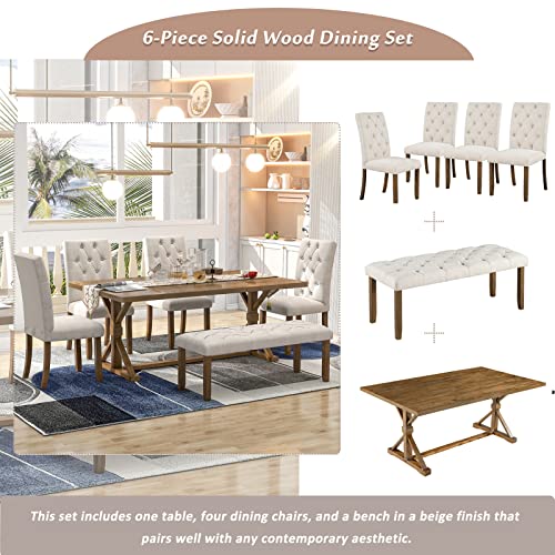 6-Piece Farmhouse Dining Table Set, 72" Wood Rectangular Table with 4 Upholstered Chairs and Bench Dining Room Table Set for 6, for Dining Room, Kitchen, Walnut