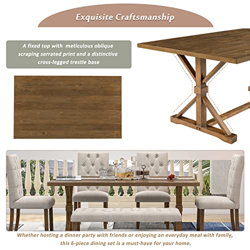 6-Piece Farmhouse Dining Table Set, 72" Wood Rectangular Table with 4 Upholstered Chairs and Bench Dining Room Table Set for 6, for Dining Room, Kitchen, Walnut