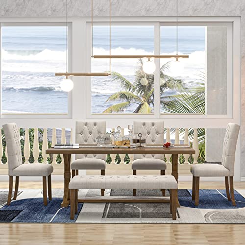6-Piece Farmhouse Dining Table Set, 72" Wood Rectangular Table with 4 Upholstered Chairs and Bench Dining Room Table Set for 6, for Dining Room, Kitchen, Walnut