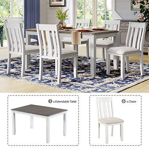 Merax Retro Style 7-Piece Dining Set, Include Extendable Table and 6 Upholstered Chairs, Brown+White(7pcs)