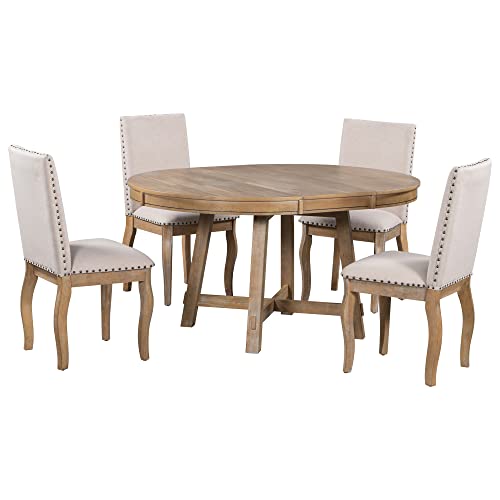Merax 5-Piece Farmhouse Wooden Round Extendable Dining Table Set with 4 Upholstered Chairs, Family Kitchen Furniture, Natural_New