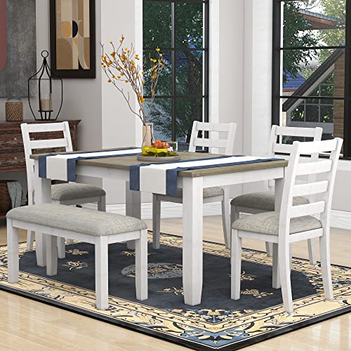 Merax 6-Piece Wood Rectangular Dining Table Set with 4 Upholstered Chairs and Bench, Whitewash+Brown