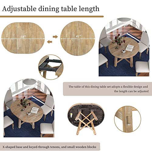 Merax 5-Piece Farmhouse Wooden Round Extendable Dining Table Set with 4 Upholstered Chairs, Family Kitchen Furniture, Natural_New
