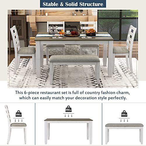 Merax 6-Piece Wood Rectangular Dining Table Set with 4 Upholstered Chairs and Bench, Whitewash+Brown