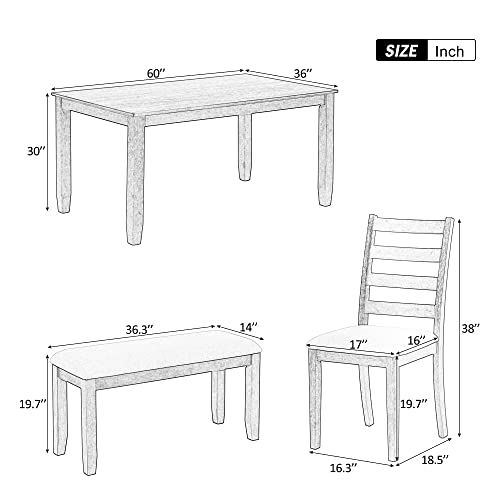 Merax 6-Piece Wood Rectangular Dining Table Set with 4 Upholstered Chairs and Bench, Whitewash+Brown