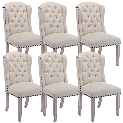 DUOMAY Modern Tufted Dining Chairs Set of 6, Linen Upholstered Dining Room Chairs Armless Guest Side Chair for Kitchen Dining Room, Wingback Accent Chairs with Solid Wood, Beige