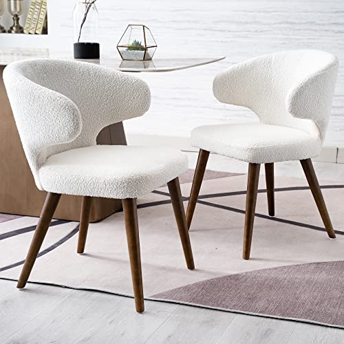 HNY Mid Century Modern Dining Chairs Set of 6, Upholstered Curved Wingback Accent Arm Chairs, Faux Sherpa Side Chairs with Solid Wood Legs, White, 6pk-white