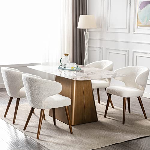 HNY Mid Century Modern Dining Chairs Set of 6, Upholstered Curved Wingback Accent Arm Chairs, Faux Sherpa Side Chairs with Solid Wood Legs, White, 6pk-white