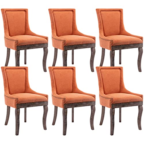 Kiztir Upholstered Dining Chairs Set of 6, Farmhouse Dining Chairs with Solid Wood Legs, Nailhead Trim, Tufted Dining Chair for Kitchen/Living Room/Bedroom (Orange)