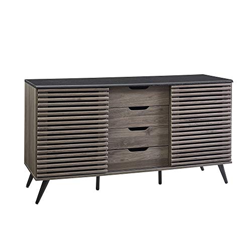 Walker Edison Modern 4 Drawer Sliding Door Wood Cabinet Buffet Entryway Serving Storage Cabinet Doors Dining Room Console, 59 Inch, Black and Slate Grey