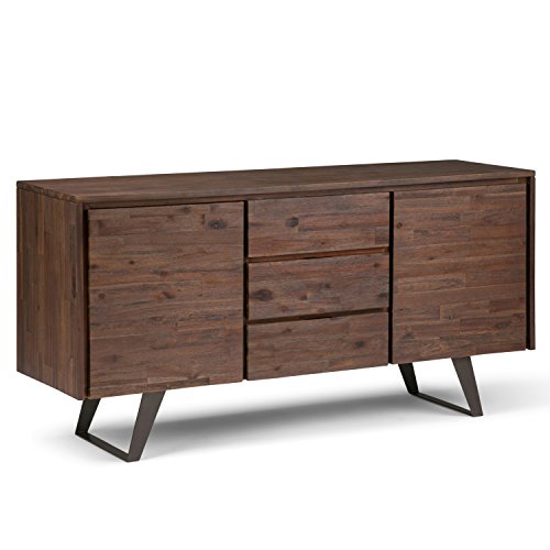 SIMPLIHOME Lowry SOLID ACACIA WOOD 60 inch Inrial Sideboard Buffet and Wine Rack in Distressed Charcoal Brown features 2 Doors, 3 Drawers and 2 Cabinets with Large storage spaces