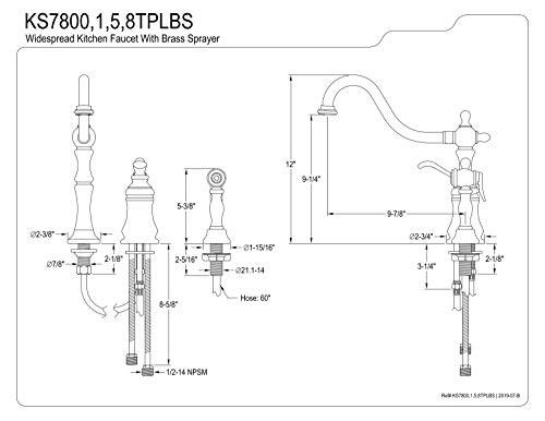 Kingston Brass KS7801TPLBS Templeton Widespread Kitchen Faucet with Brass Sprayer, Polished Chrome